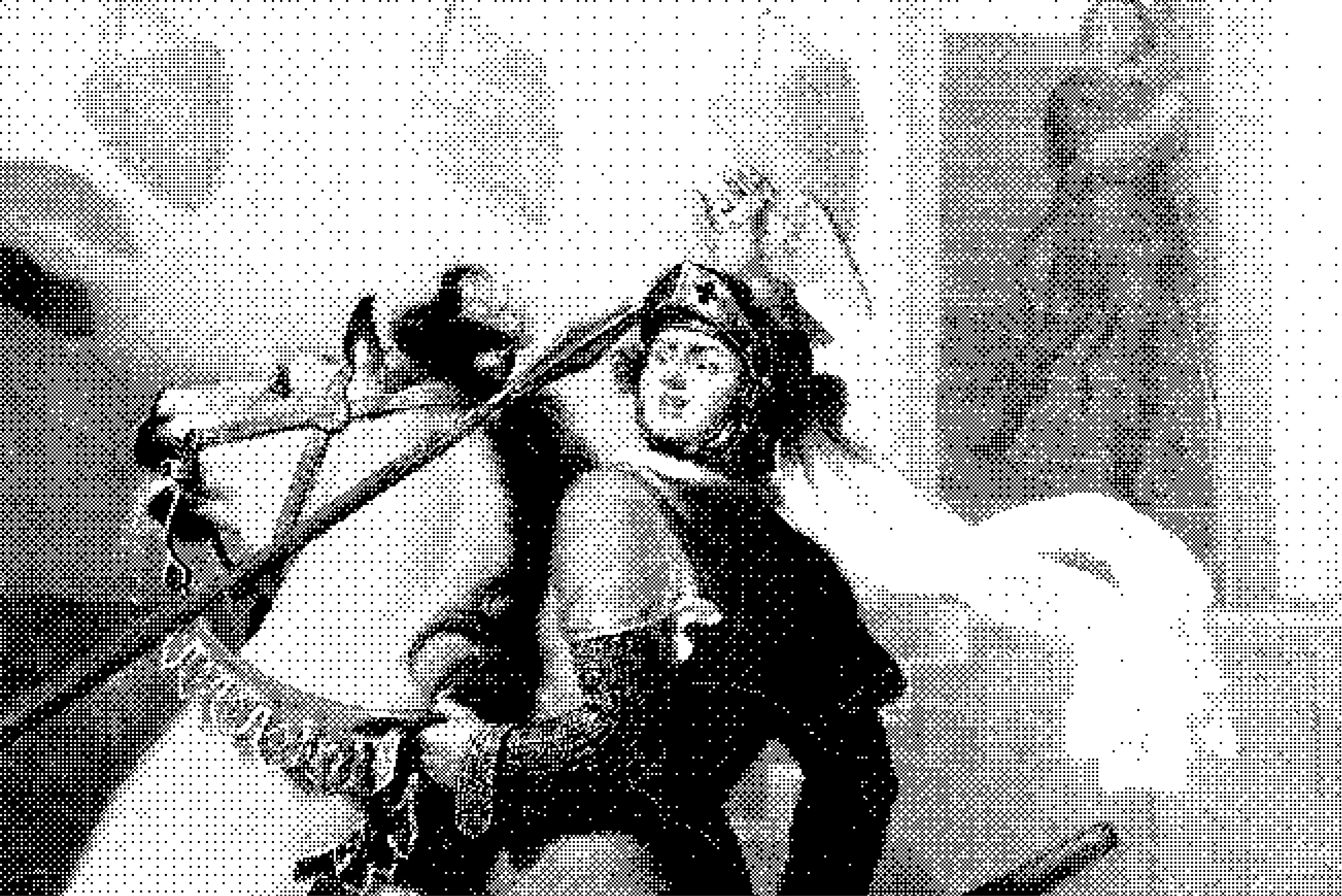 Dithered illustration of an armoured rider on a white horse