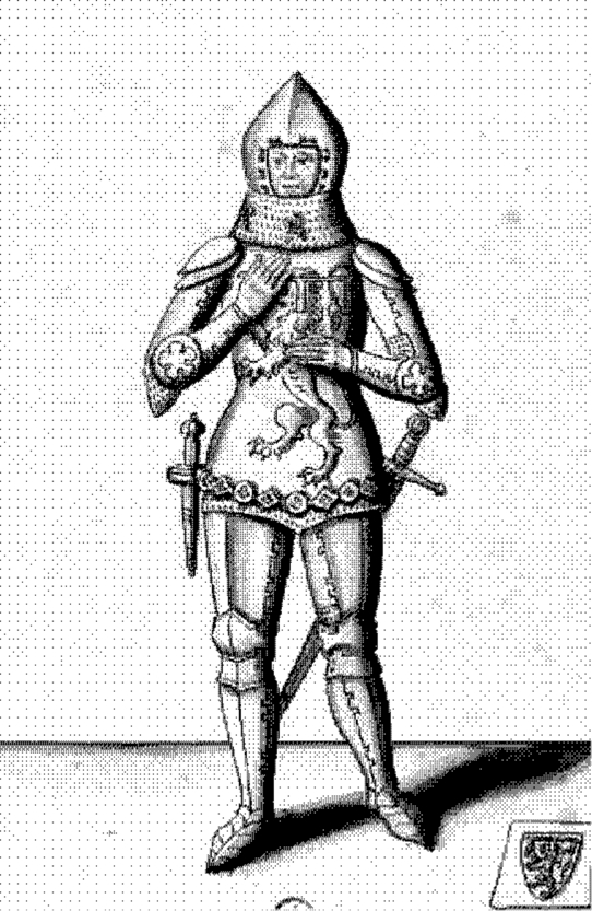 Dithered illustration of a standing armoured knight