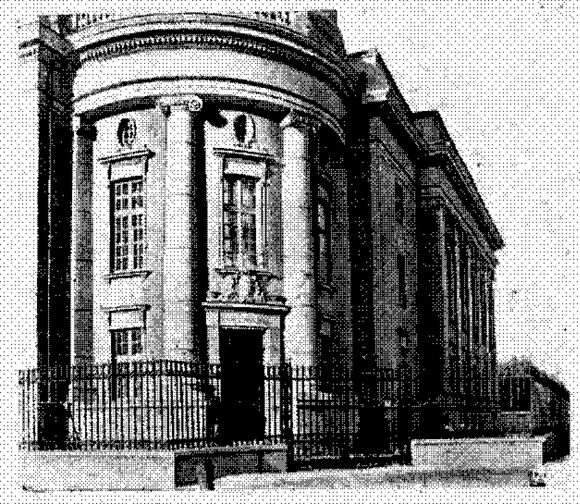 Dithered illustration of a classical bank building