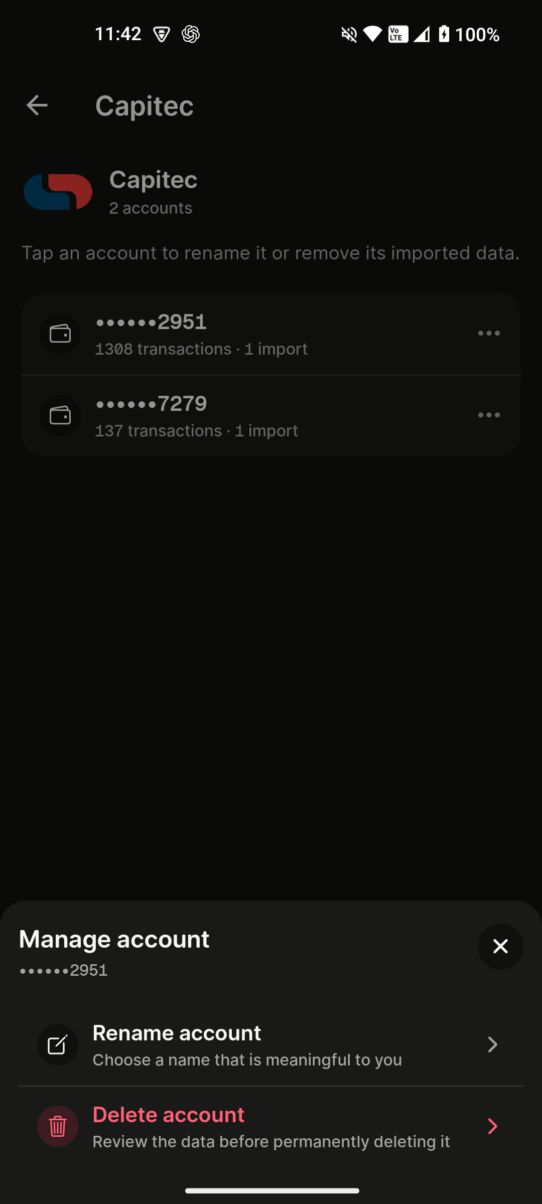 mooola controls for renaming an account or removing its imported data