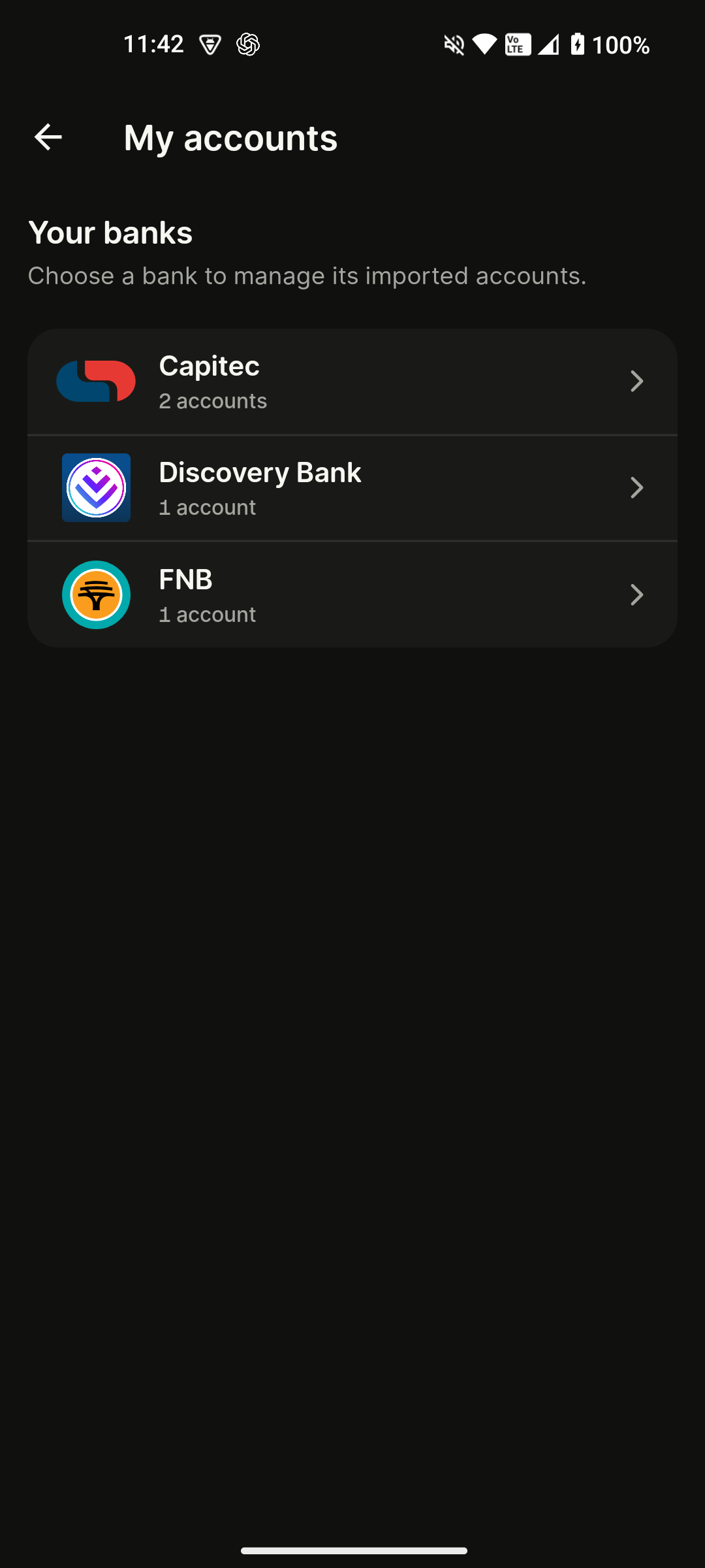 mooola showing imported accounts from Capitec, Discovery Bank, and FNB