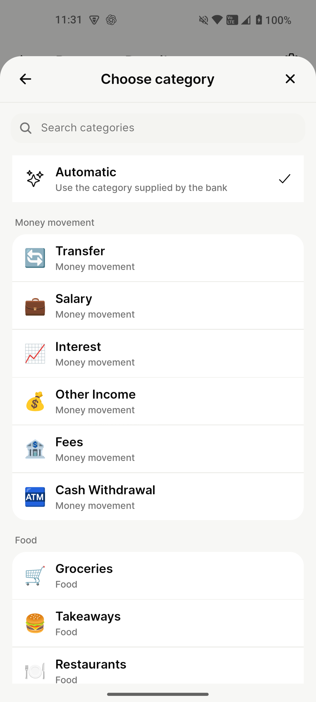 Changing a payment category in mooola