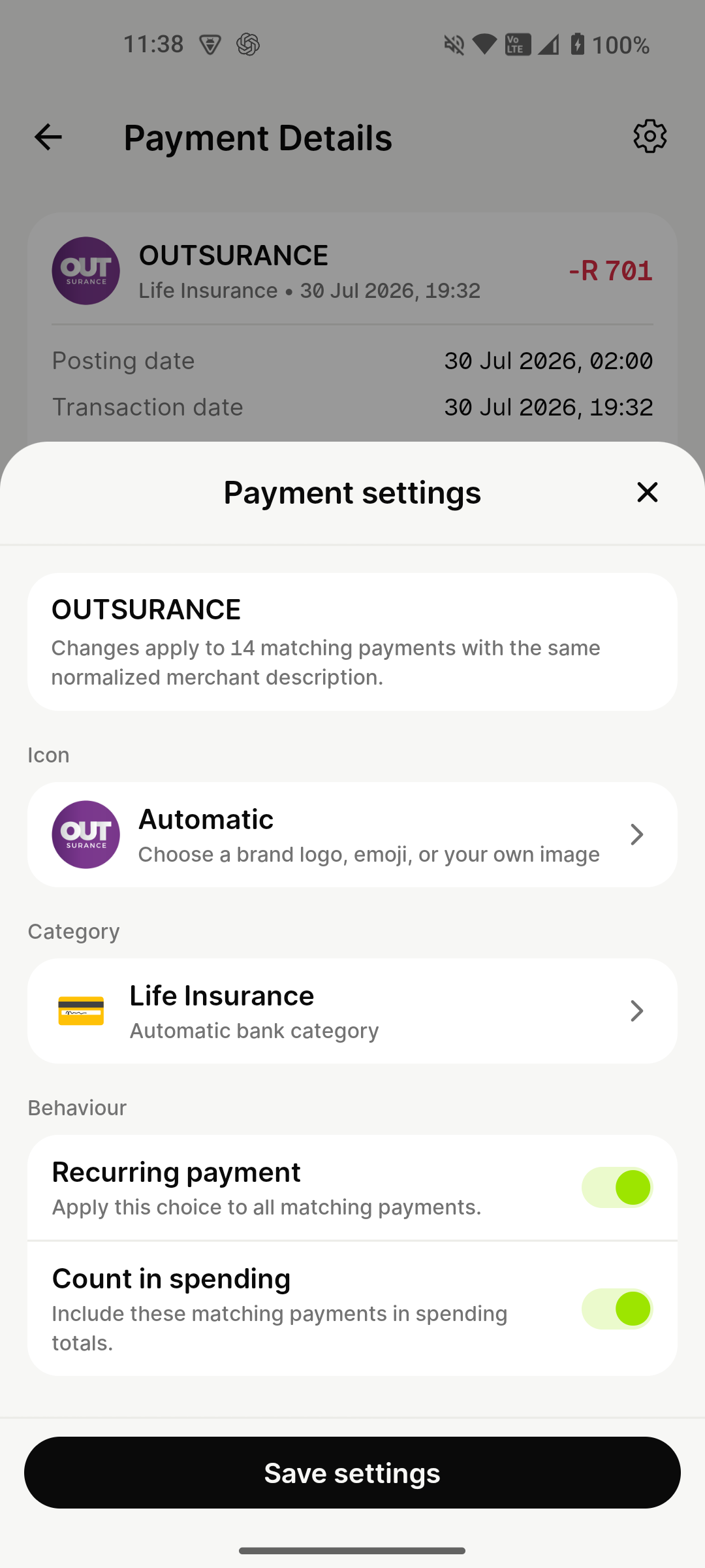 mooola payment settings for a recurring payment