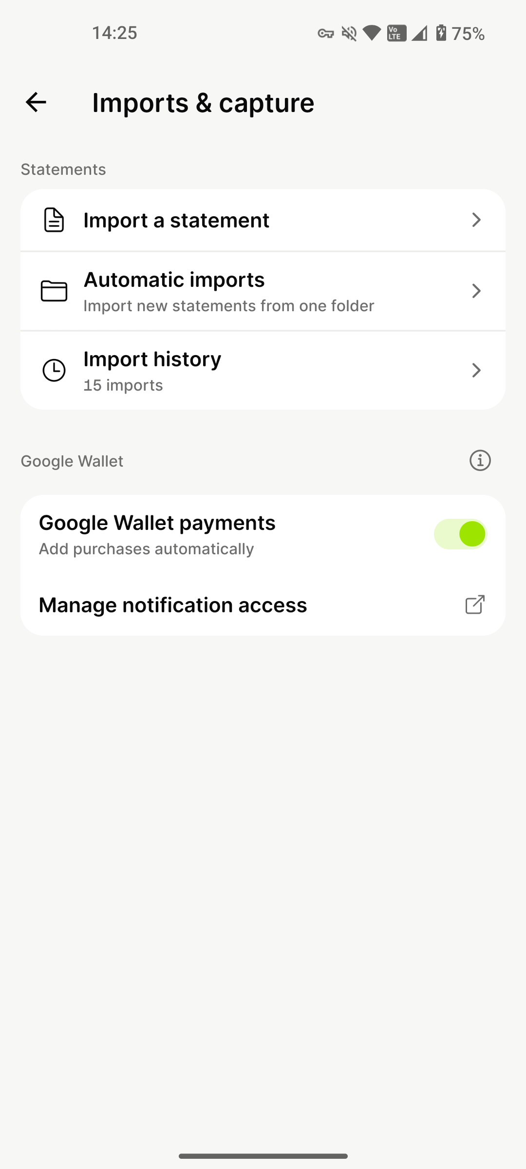 Imports & capture settings with Google Wallet payments enabled