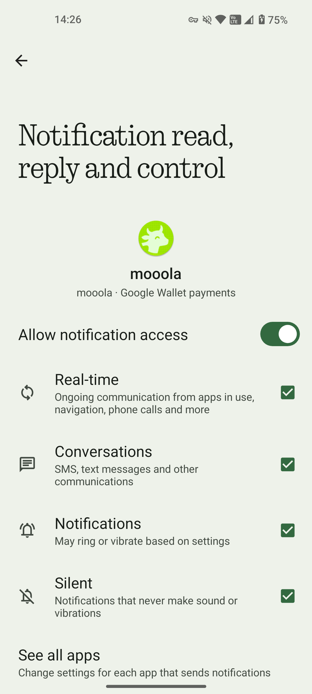 Android notification access enabled for mooola