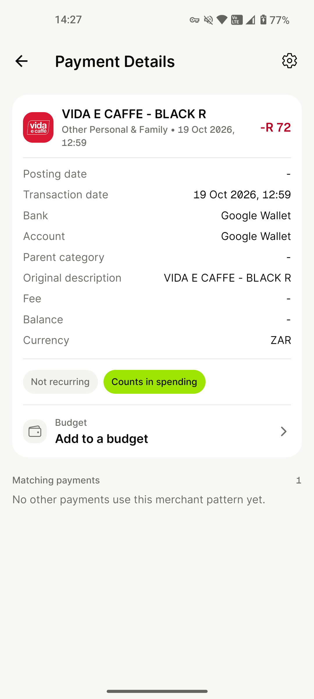 A R72 Google Wallet purchase in mooola payment details
