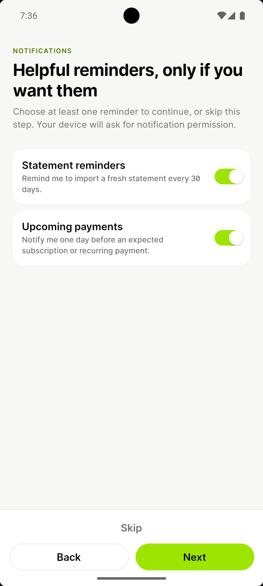 mooola notification settings for statement imports and upcoming recurring payments