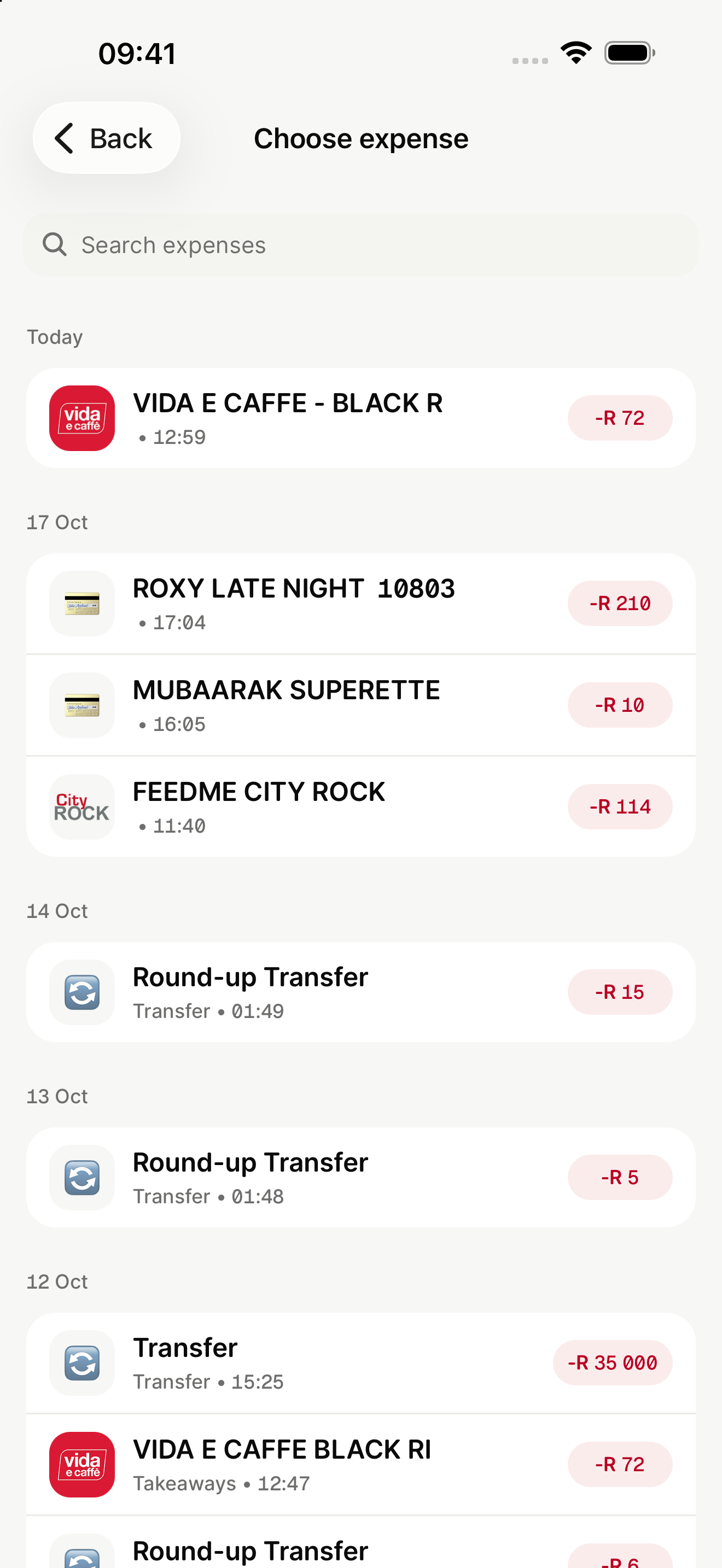 Choose expense screen listing imported payments available to share