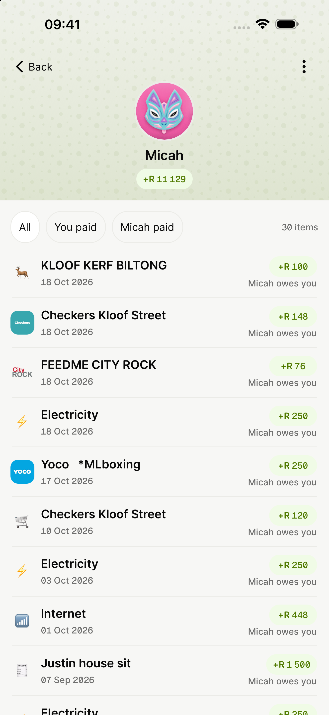 Friend balance with shared payment history and filters for who paid