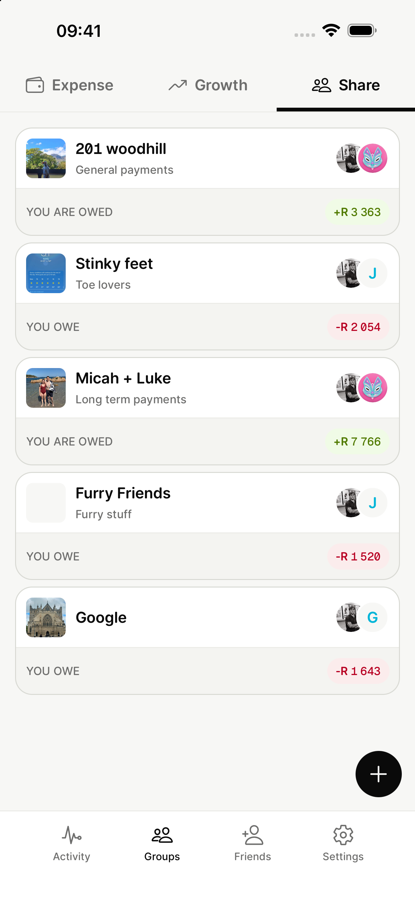Share groups with their members and the amount owed or owing in each group