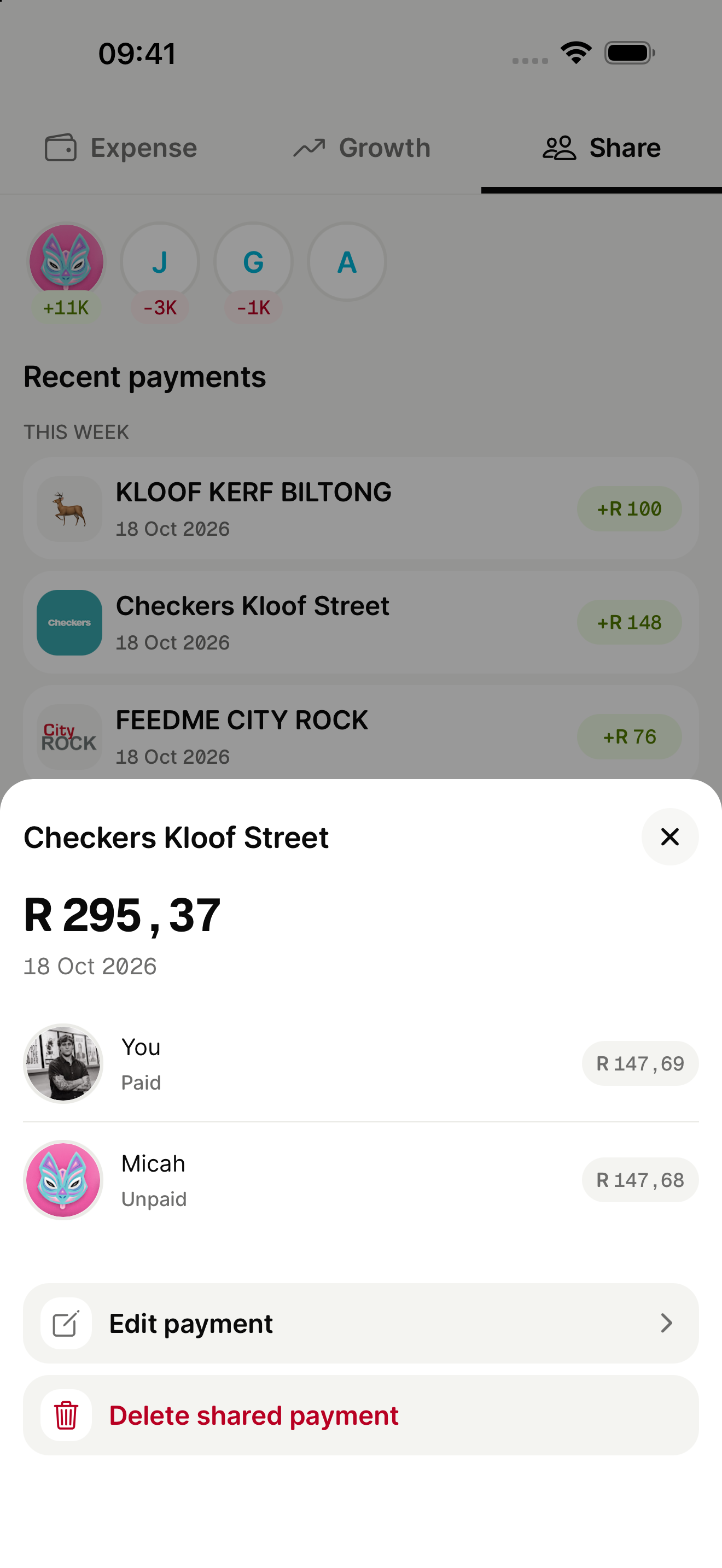Checkers payment details showing the paid and unpaid shares for you and Micah