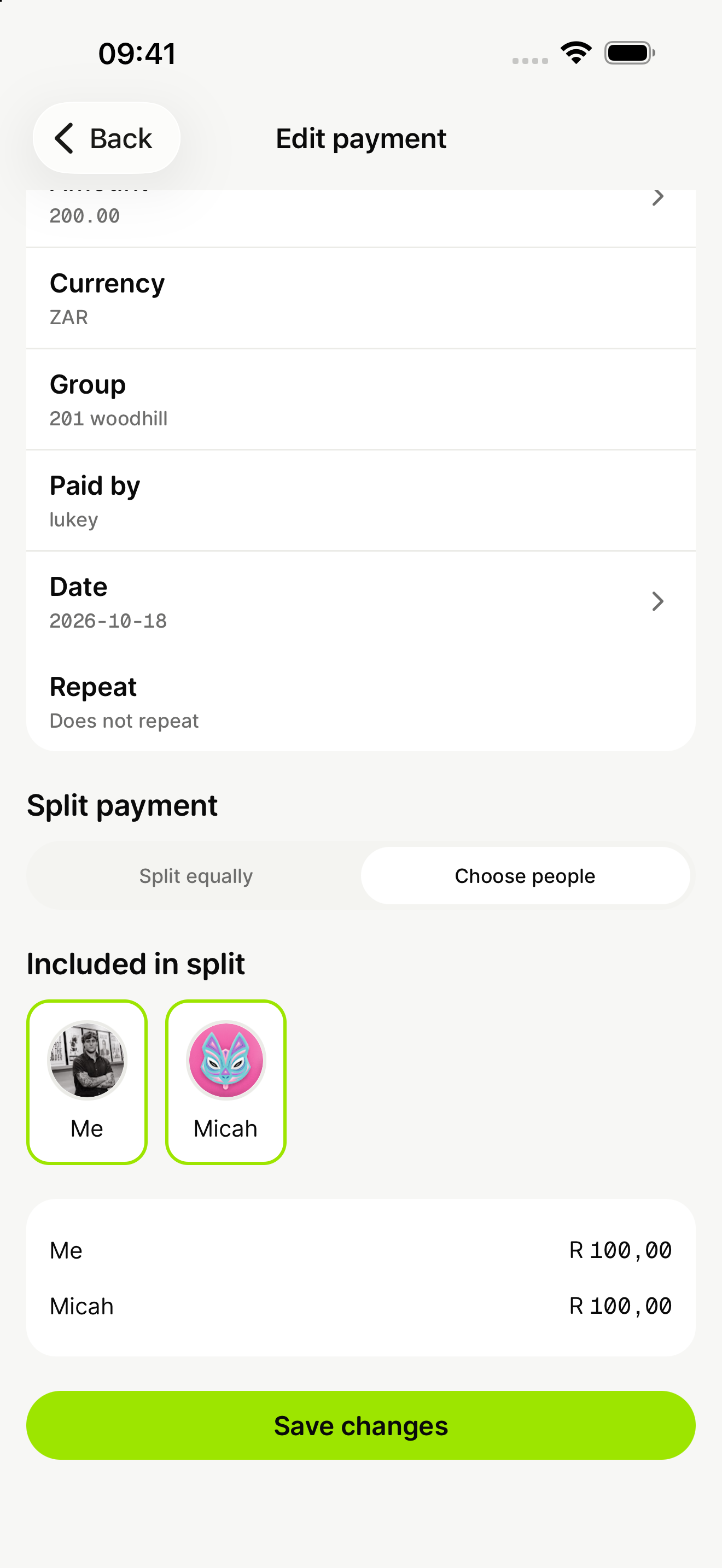 Split payment screen with two selected people and their individual amounts