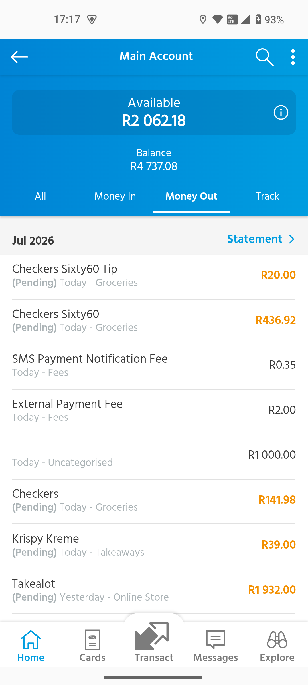 Capitec main account screen with the Statement action visible