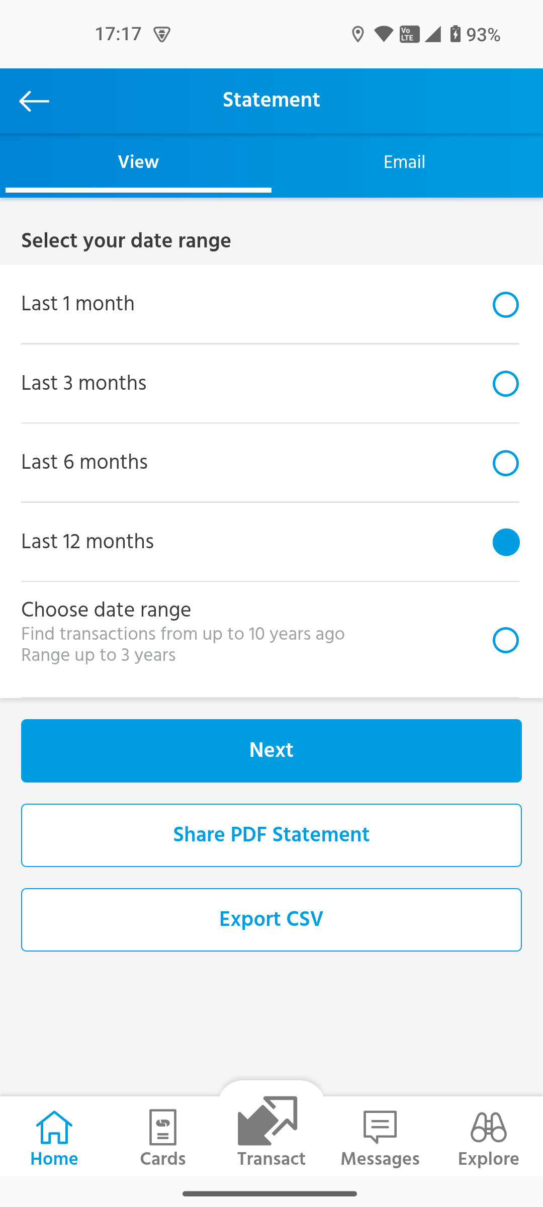 Capitec statement screen with date range choices and the Export CSV button