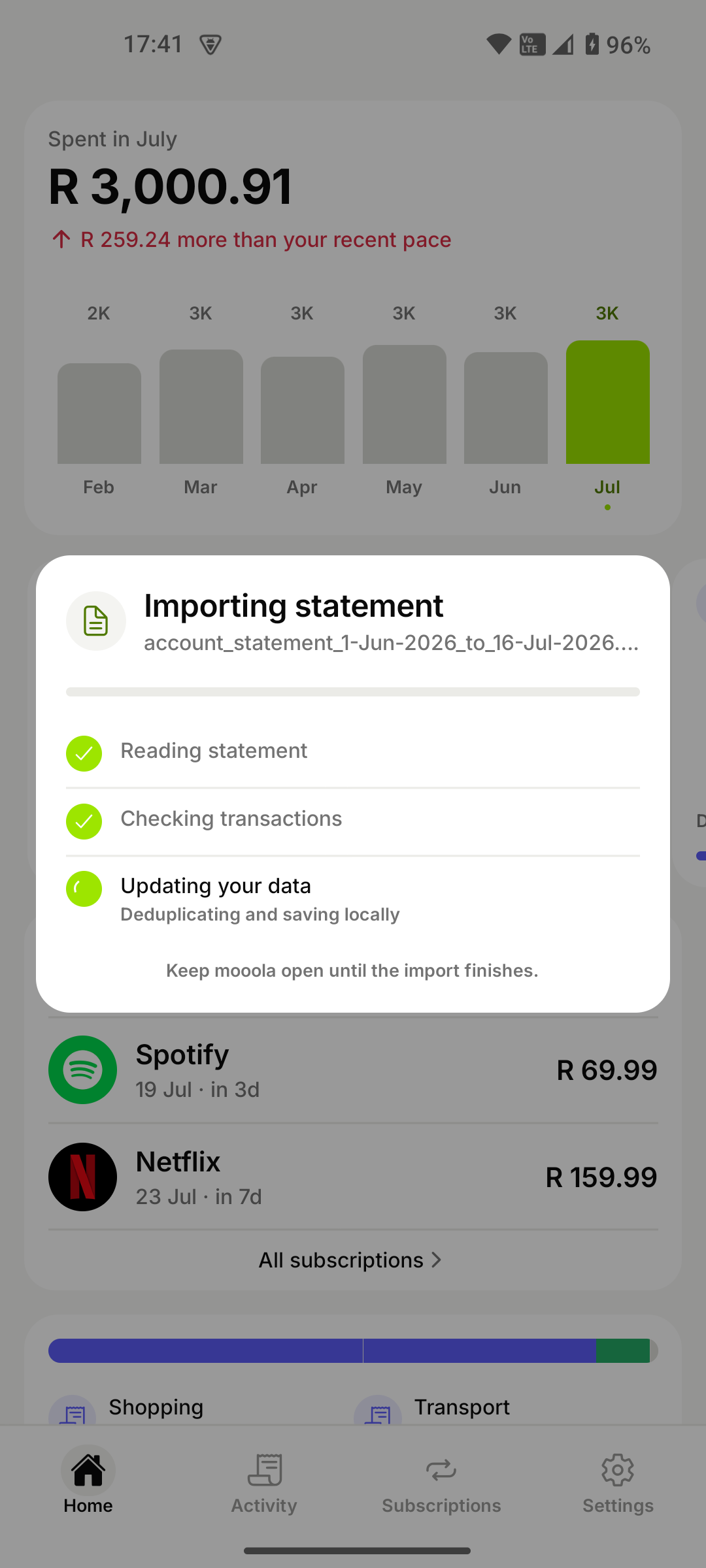 mooola processing a shared statement locally on the device