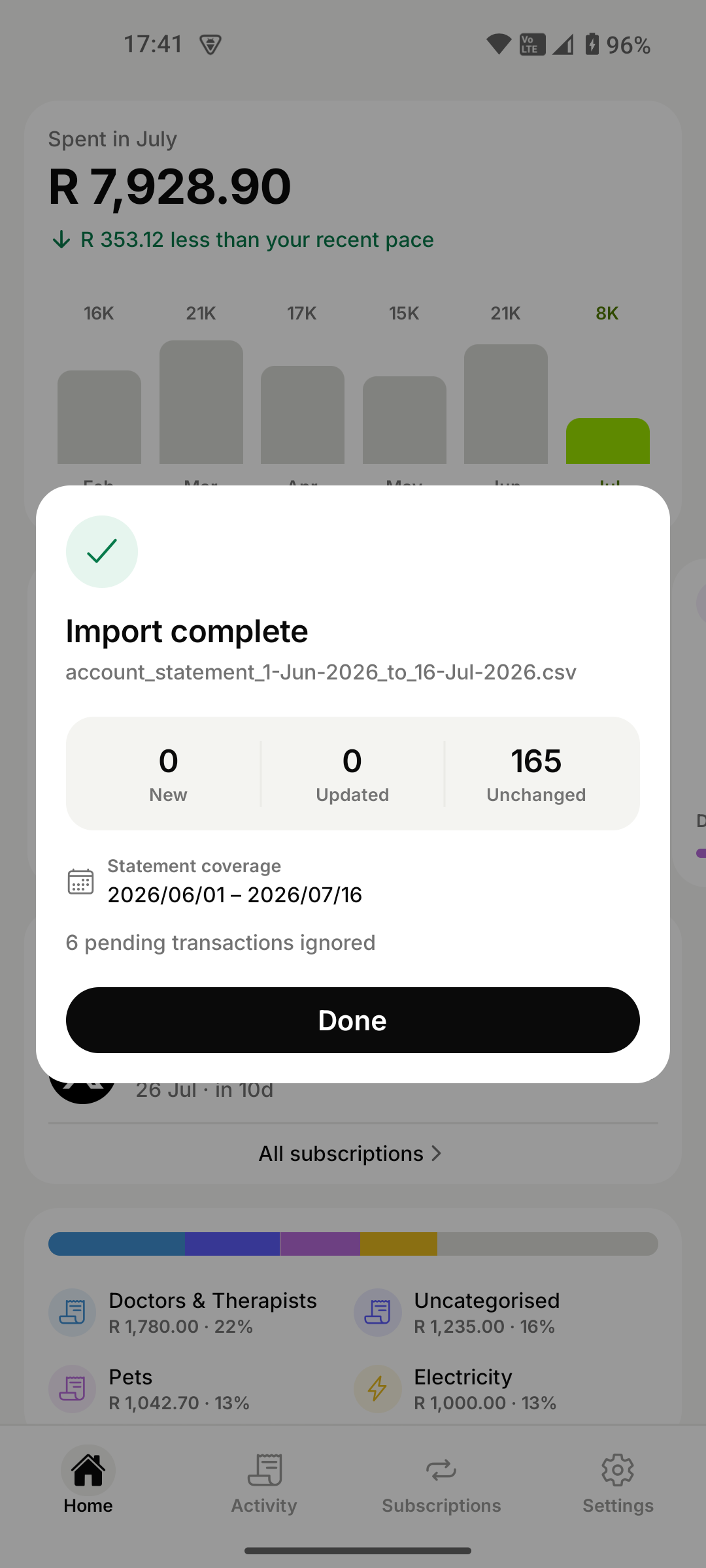 mooola import summary showing added, updated, and unchanged transactions