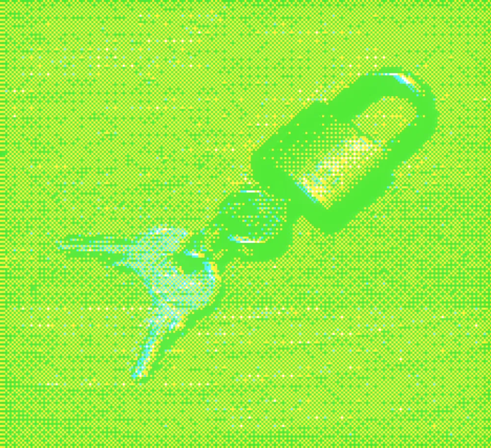 Dithered artwork of a hand holding a phone